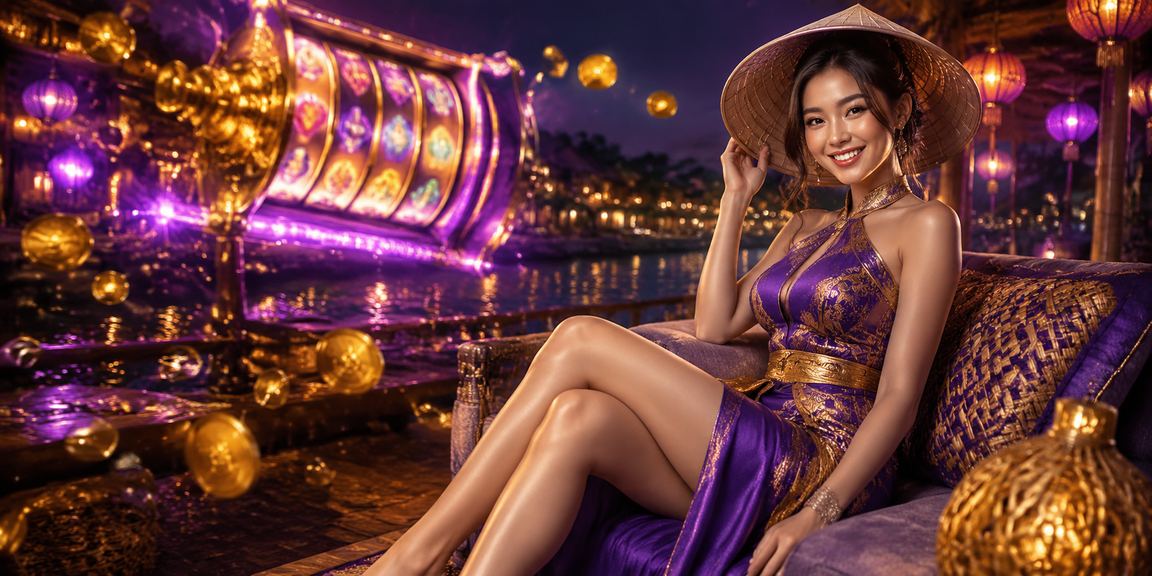 Người chơi slot game tại Hội An với nón lá truyền thống Việt Nam